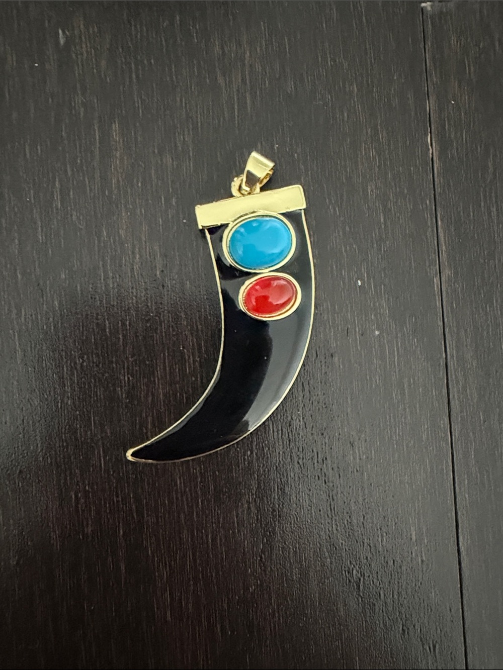 Adina Eden Gold-Tone Black Crescent Pendant with Blue and Red Cabochons New